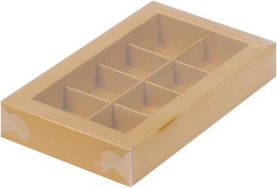 Коробка для конфет с пластиковой  крышкой 190*110*30мм (крафт) 8 ячеек 050022