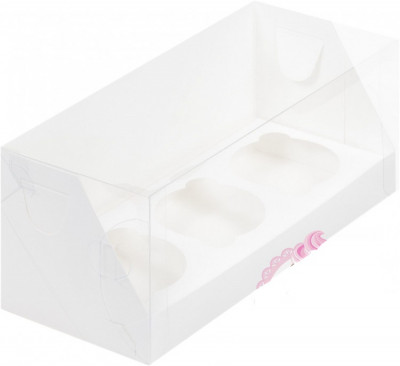 Коробка под 3 капкейка 240*100*100  с пластиковой крышкой (белая) 040170