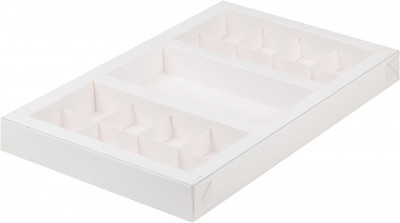 Коробка для конфет300*192*30 (8+8) с пластиковой крышкой+для шоколадной плитки 160*80 (белая) 050370